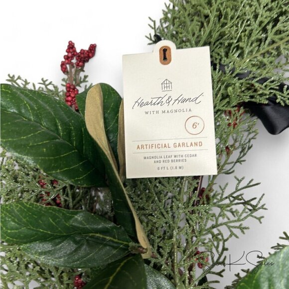 Hearth & Hand Magnolia 6' Cedar & Magnolia Leaf Winterberries Christmas Garland - Picture 6 of 6